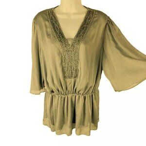 Badgley Mischka Flowy Gold Peplum Top Beaded Neckline 3/4 Sleeve SMALL NWT